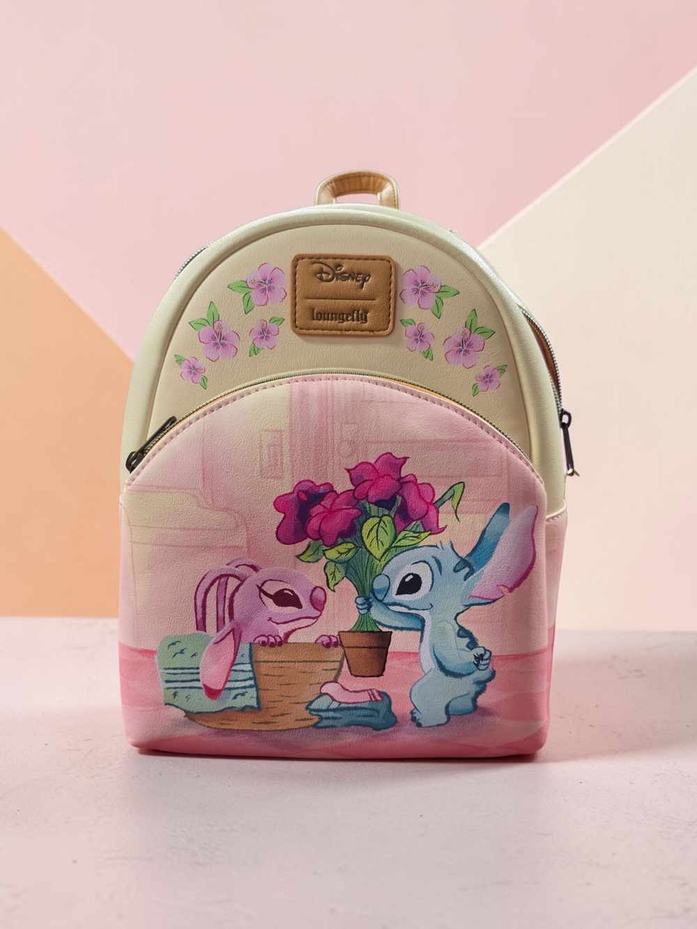 Loungefly Kids Pink Floral Stitch & Angel Mini Backpack